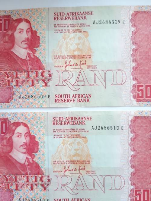 Set of 3 UNC  R50 Gerhard De Kock South African Banknotes in sequence